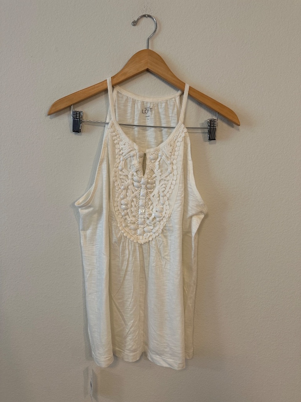 LOFT White Crochet Sequin Slub Knit Racerback Tank Top Women's M NWT